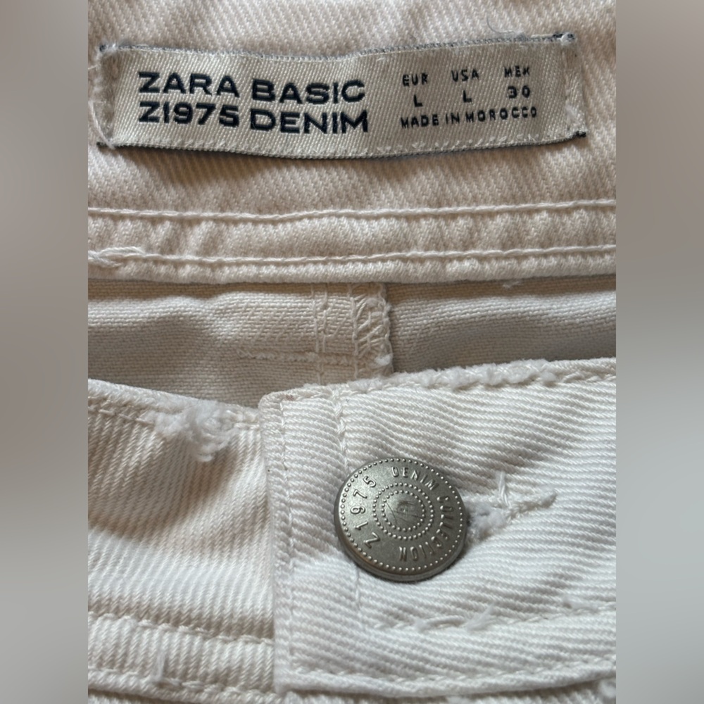 Zara White Pearl Denim Mini Skirt Frayed Hem Size L Distressed Festival Concert - Picture 5 of 9